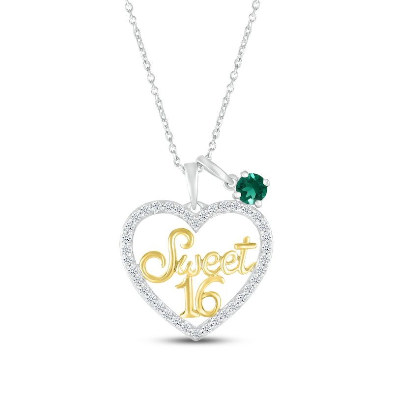 Main Image 1 of Lab-Created Emerald & White Lab-Created Sapphire &quot;Sweet 16&quot; Necklace Sterling Silver & 10K Yellow Gold 18&quot;