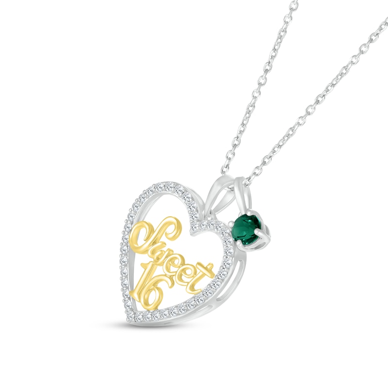 Main Image 2 of Lab-Created Emerald & White Lab-Created Sapphire &quot;Sweet 16&quot; Necklace Sterling Silver & 10K Yellow Gold 18&quot;