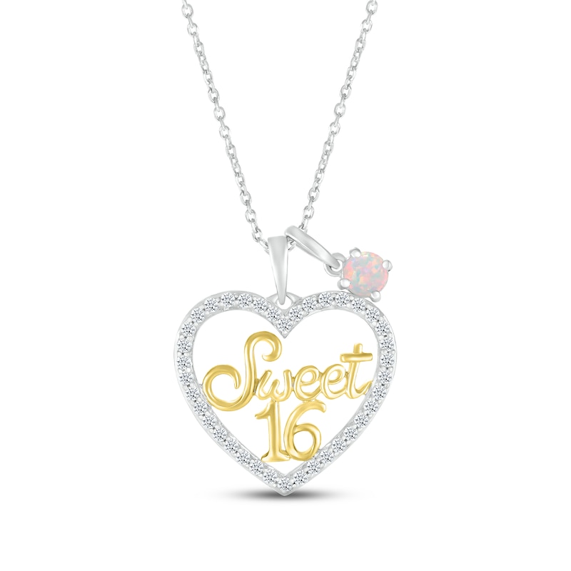 Main Image 1 of Lab-Created Opal & White Lab-Created Sapphire &quot;Sweet 16&quot; Necklace Sterling Silver & 10K Yellow Gold 18&quot;