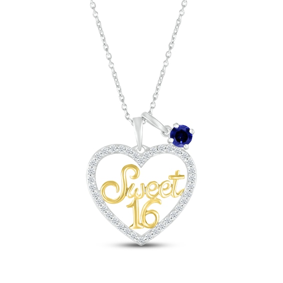Blue & White Lab-Created Sapphire "Sweet 16" Necklace Sterling Silver & 10K Yellow Gold 18"