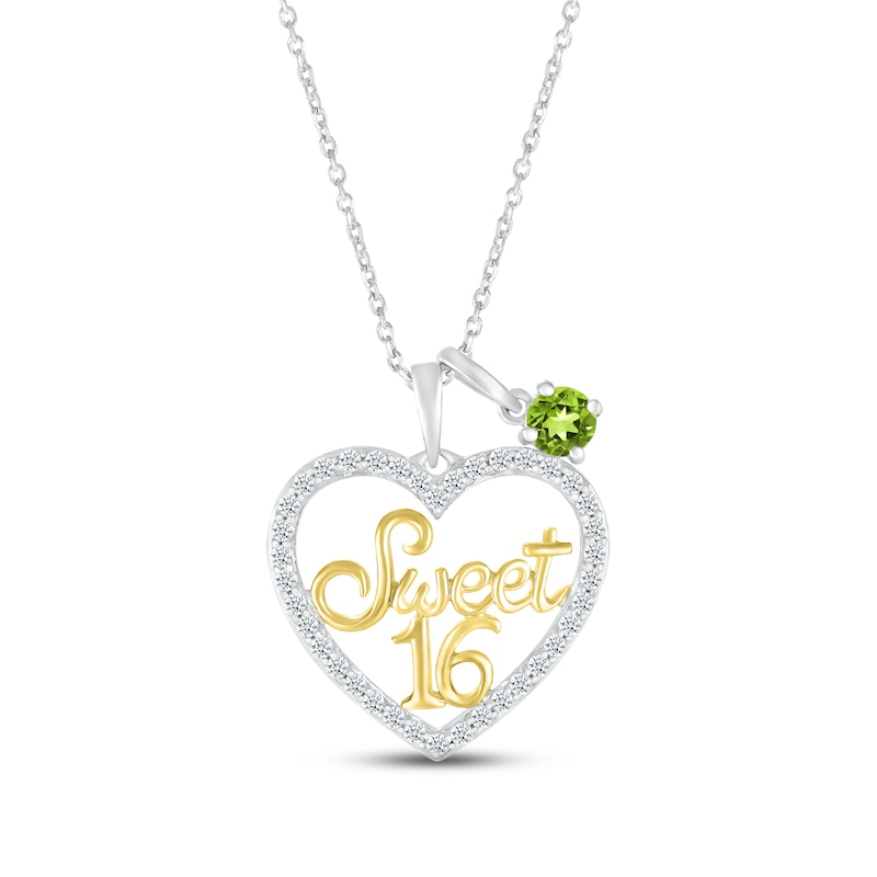 Main Image 1 of Peridot & White Lab-Created Sapphire &quot;Sweet 16&quot; Necklace Sterling Silver & 10K Yellow Gold 18&quot;