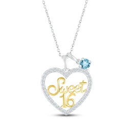 Swiss Blue Topaz & White Lab-Created Sapphire "Sweet 16" Necklace Sterling Silver & 10K Yellow Gold 18"