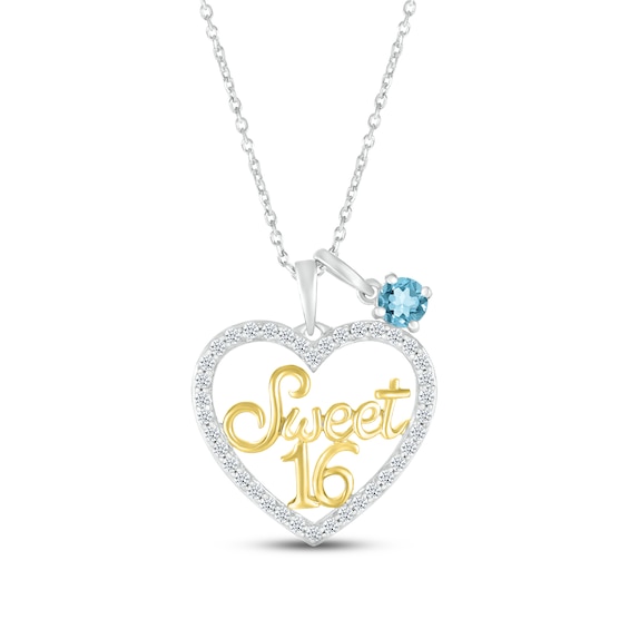 Swiss Blue Topaz & White Lab-Created Sapphire "Sweet 16" Necklace Sterling Silver & 10K Yellow Gold 18"