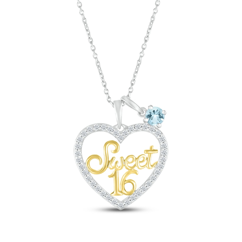 Aquamarine & White Lab-Created Sapphire "Sweet 16" Necklace Sterling Silver & 10K Yellow Gold 18"