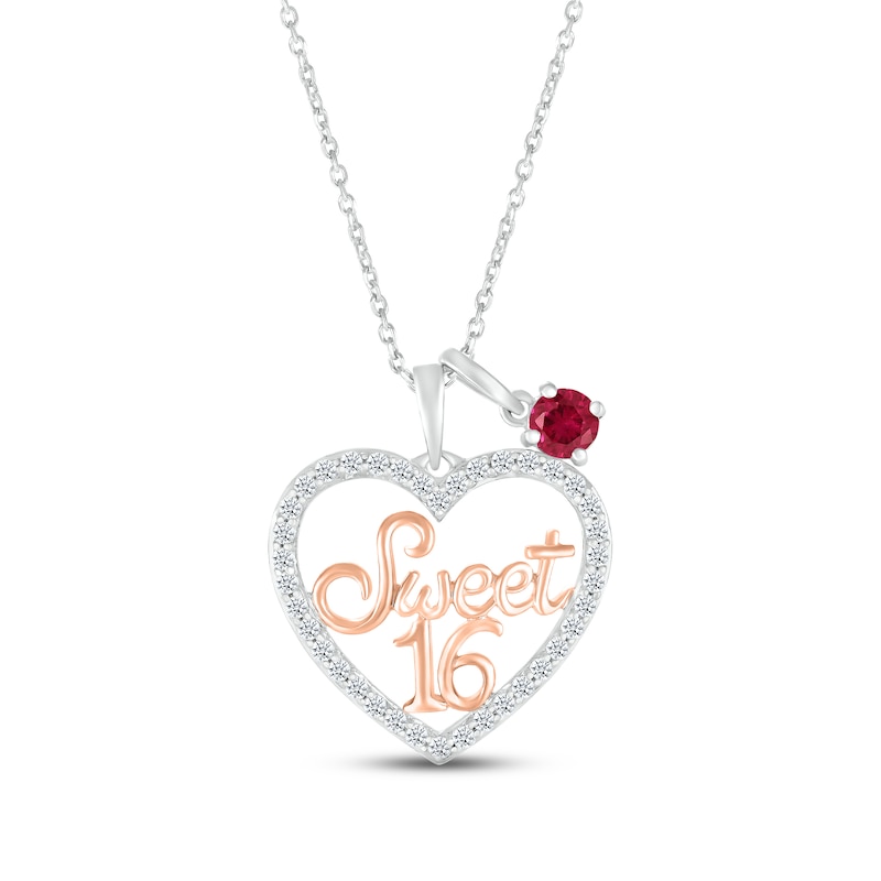 Main Image 1 of Lab-Created Ruby & White Lab-Created Sapphire &quot;Sweet 16&quot; Necklace Sterling Silver & 10K Rose Gold 18&quot;