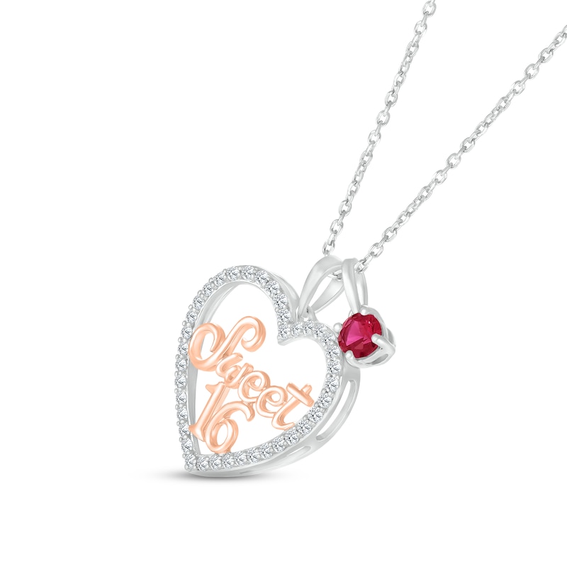 Main Image 2 of Lab-Created Ruby & White Lab-Created Sapphire &quot;Sweet 16&quot; Necklace Sterling Silver & 10K Rose Gold 18&quot;