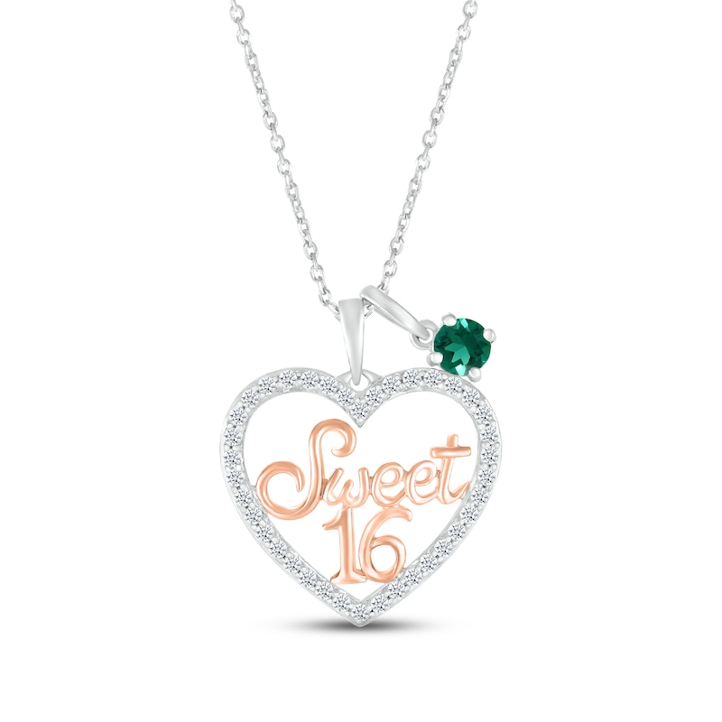 Main Image 1 of Lab-Created Emerald & White Lab-Created Sapphire "Sweet 16" Necklace Sterling Silver & 10K Rose Gold 18"