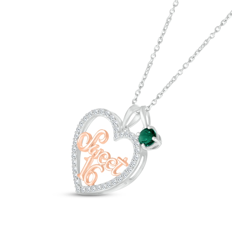 Lab-Created Emerald & White Lab-Created Sapphire "Sweet 16" Necklace Sterling Silver & 10K Rose Gold 18"