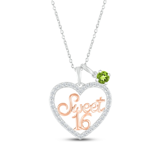 Peridot & White Lab-Created Sapphire "Sweet 16" Necklace Sterling Silver & 10K Rose Gold 18"