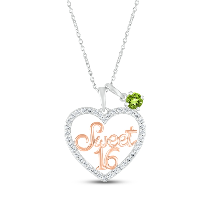 Main Image 1 of Peridot & White Lab-Created Sapphire &quot;Sweet 16&quot; Necklace Sterling Silver & 10K Rose Gold 18&quot;