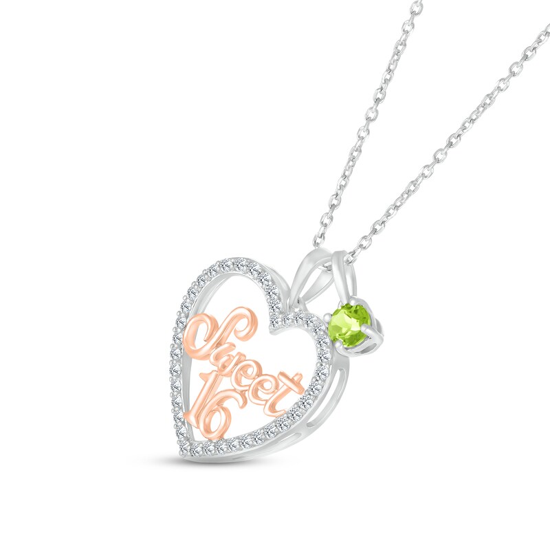 Main Image 2 of Peridot & White Lab-Created Sapphire &quot;Sweet 16&quot; Necklace Sterling Silver & 10K Rose Gold 18&quot;