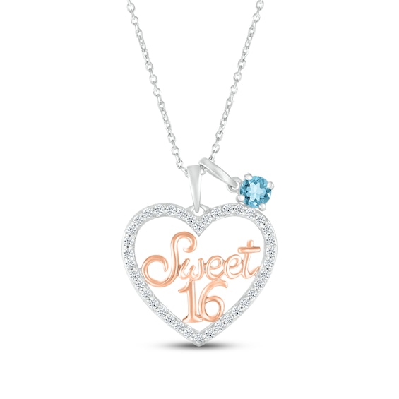 Swiss Blue Topaz & White Lab-Created Sapphire "Sweet 16" Necklace Sterling Silver & 10K Rose Gold 18"