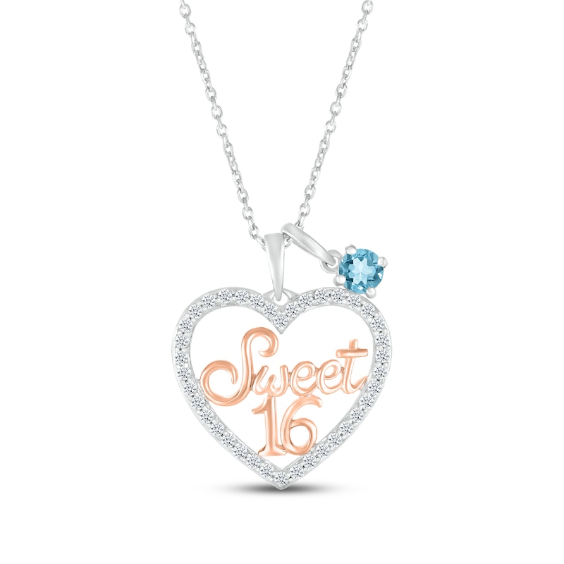 Main Image 1 of Swiss Blue Topaz & White Lab-Created Sapphire "Sweet 16" Necklace Sterling Silver & 10K Rose Gold 18"