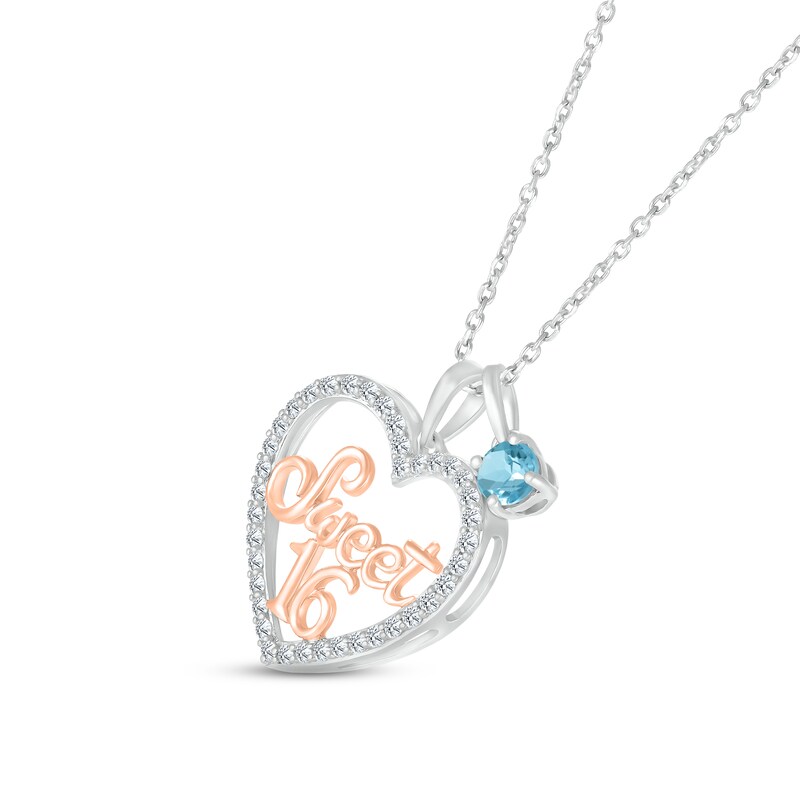 Main Image 2 of Swiss Blue Topaz & White Lab-Created Sapphire "Sweet 16" Necklace Sterling Silver & 10K Rose Gold 18"