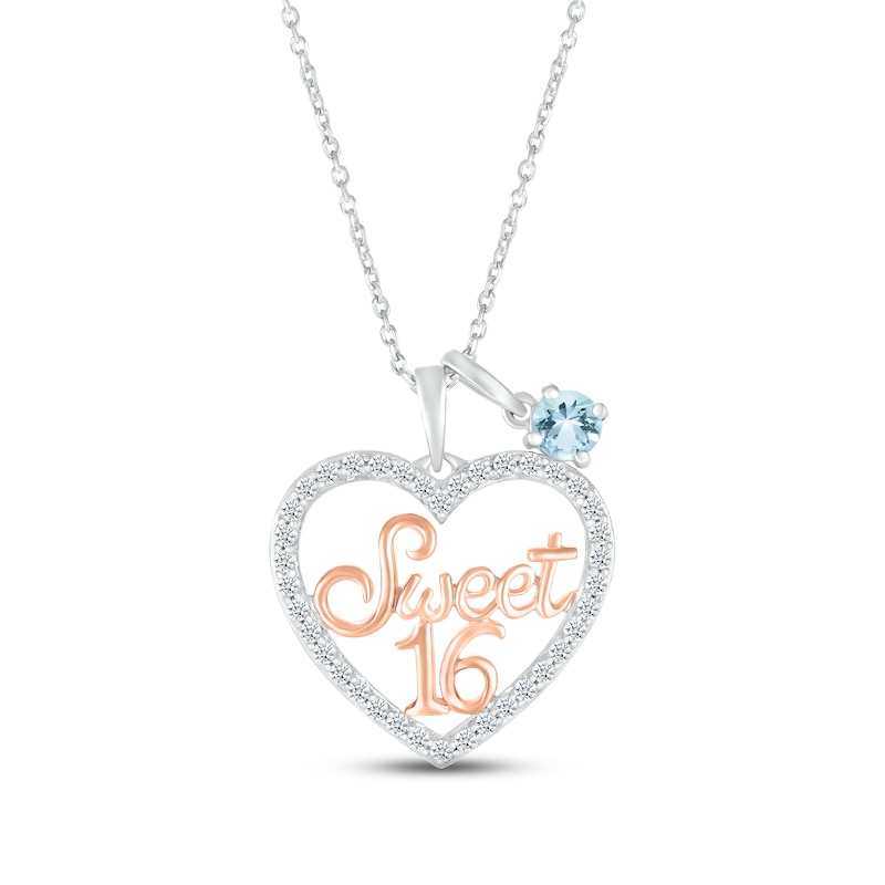Aquamarine & White Lab-Created Sapphire "Sweet 16" Necklace Sterling Silver & 10K Rose Gold 18"