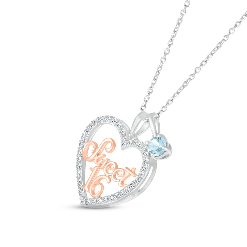 Aquamarine & White Lab-Created Sapphire "Sweet 16" Necklace Sterling Silver & 10K Rose Gold 18"