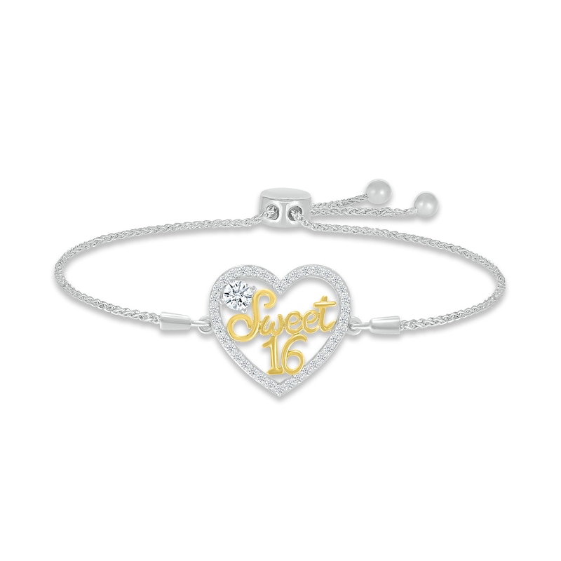 Main Image 1 of White Lab-Created Sapphire &quot;Sweet 16&quot; Bolo Bracelet Sterling Silver & 10K Yellow Gold 9.5&quot;