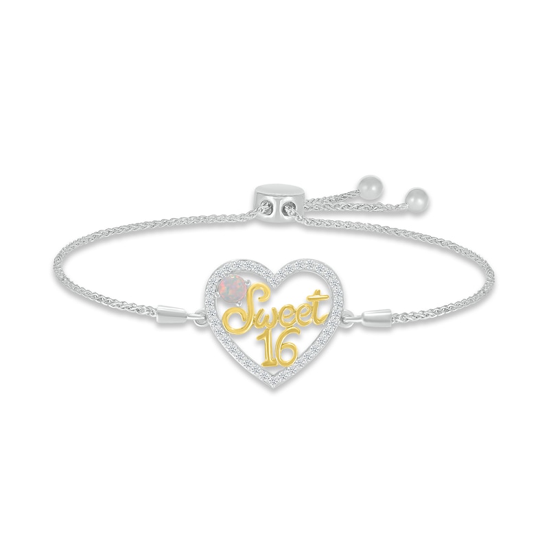 Main Image 1 of Lab-Created Opal & White Lab-Created Sapphire &quot;Sweet 16&quot; Bolo Bracelet Sterling Silver & 10K Yellow Gold 9.5&quot;