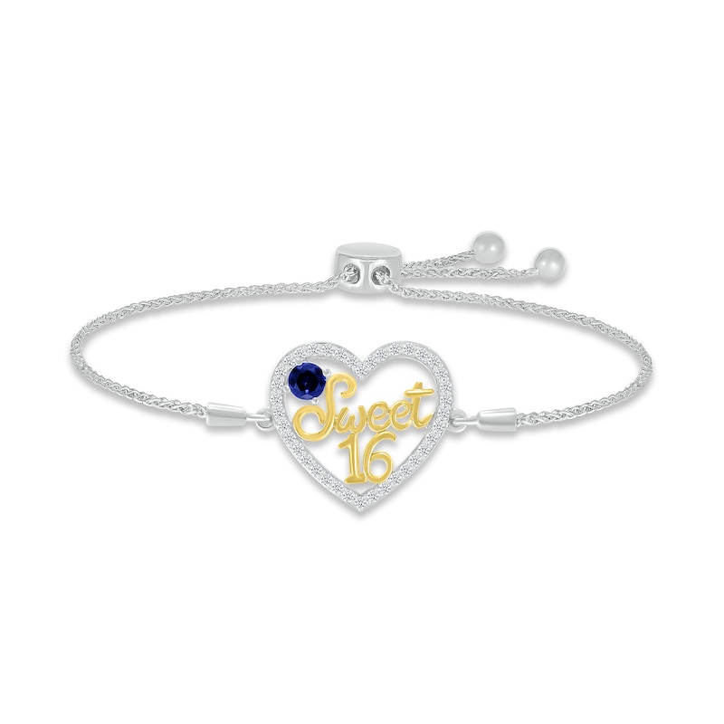 Main Image 1 of Blue & White Lab-Created Sapphire &quot;Sweet 16&quot; Bolo Bracelet Sterling Silver & 10K Yellow Gold 9.5&quot;