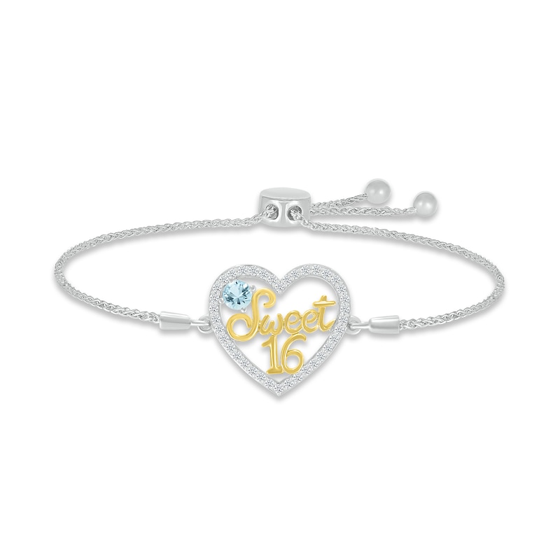 Aquamarine & White Lab-Created Sapphire "Sweet 16" Bolo Bracelet Sterling Silver & 10K Yellow Gold 9.5"
