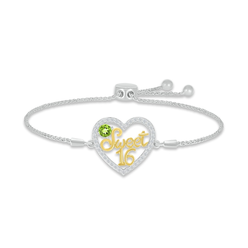 Peridot & White Lab-Created Sapphire "Sweet 16" Bolo Bracelet Sterling Silver & 10K Yellow Gold 9.5"
