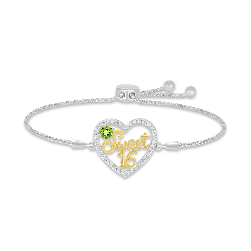 Main Image 1 of Peridot & White Lab-Created Sapphire &quot;Sweet 16&quot; Bolo Bracelet Sterling Silver & 10K Yellow Gold 9.5&quot;