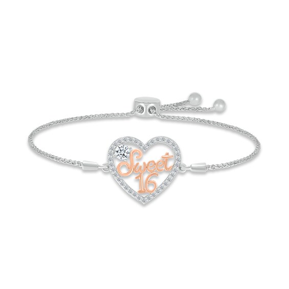 White Lab-Created Sapphire "Sweet 16" Bolo Bracelet Sterling Silver & 10K Rose Gold 9.5"