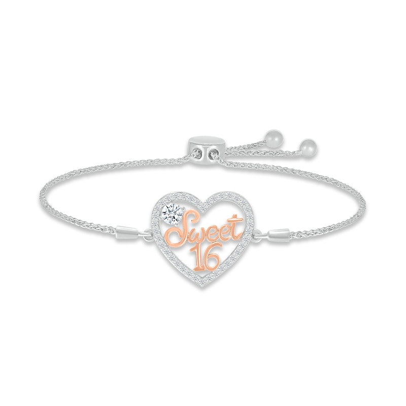 Main Image 1 of White Lab-Created Sapphire &quot;Sweet 16&quot; Bolo Bracelet Sterling Silver & 10K Rose Gold 9.5&quot;