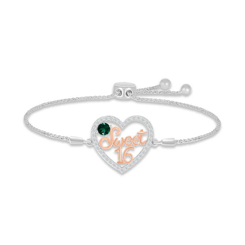 Lab-Created Emerald & White Lab-Created Sapphire "Sweet 16" Bolo Bracelet Sterling Silver & 10K Rose Gold 9.5"