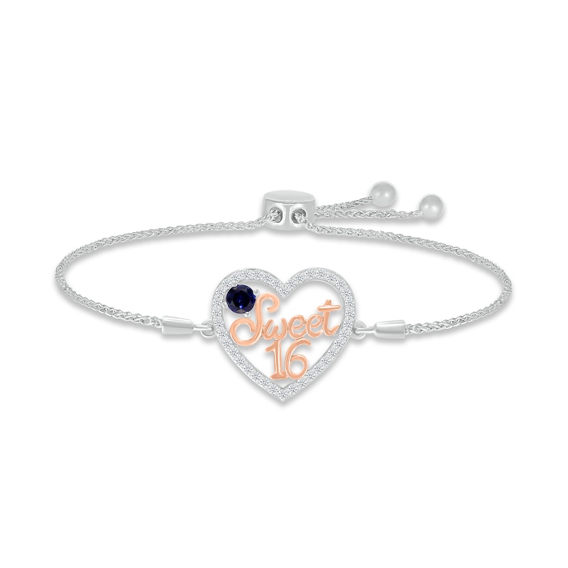 Blue & White Lab-Created Sapphire "Sweet 16" Bolo Bracelet Sterling Silver & 10K Rose Gold 9.5"