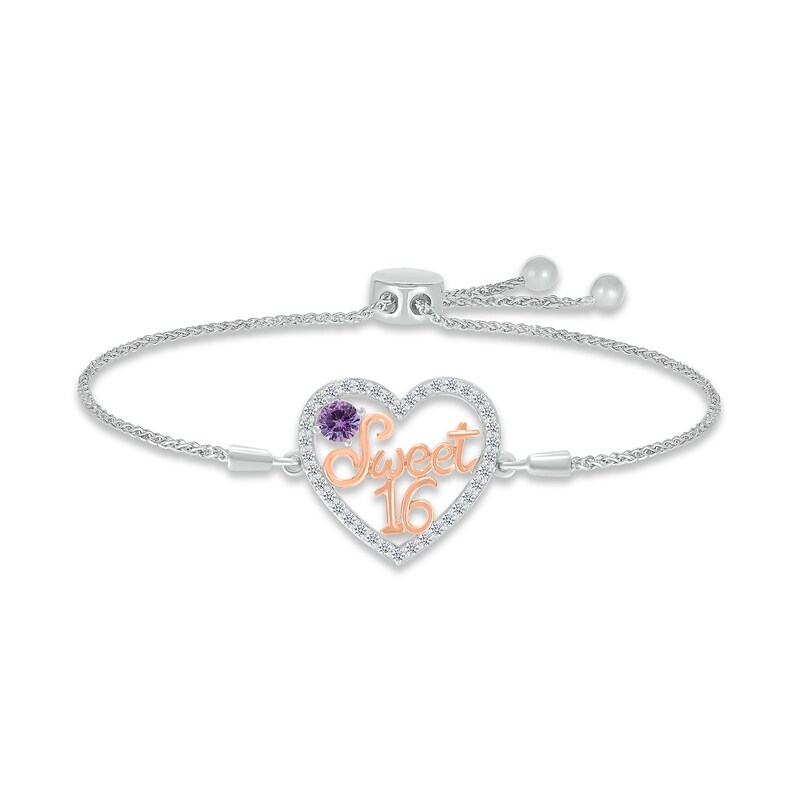 Lab-Created Alexandrite & White Lab-Created Sapphire "Sweet 16" Bolo Bracelet Sterling Silver & 10K Rose Gold 9.5"