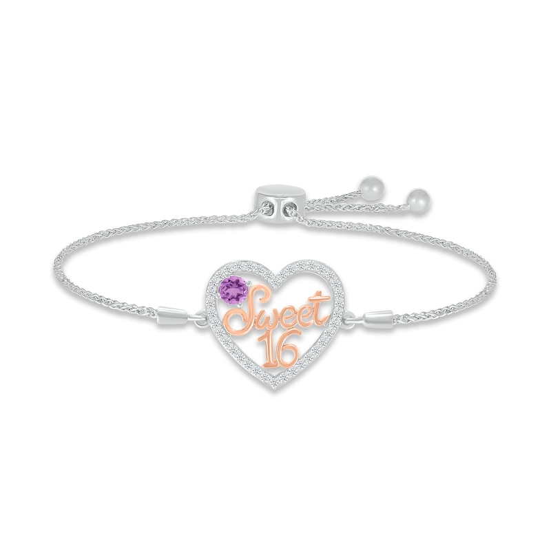 Amethyst & White Lab-Created Sapphire "Sweet 16" Bolo Bracelet Sterling Silver & 10K Rose Gold 9.5"