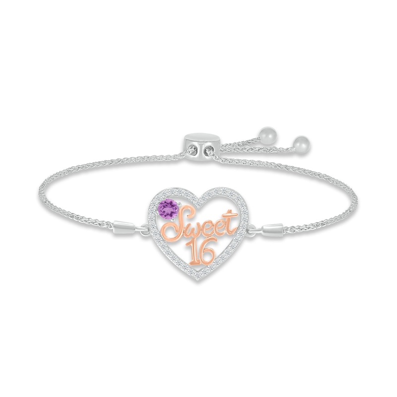Main Image 1 of Amethyst & White Lab-Created Sapphire &quot;Sweet 16&quot; Bolo Bracelet Sterling Silver & 10K Rose Gold 9.5&quot;
