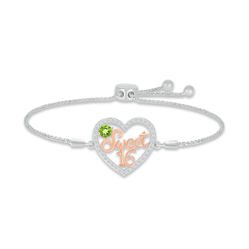 Peridot & White Lab-Created Sapphire "Sweet 16" Bolo Bracelet Sterling Silver & 10K Rose Gold 9.5"