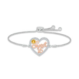 Citrine & White Lab-Created Sapphire "Sweet 16" Bolo Bracelet Sterling Silver & 10K Rose Gold 9.5"