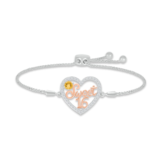 Citrine & White Lab-Created Sapphire "Sweet 16" Bolo Bracelet Sterling Silver & 10K Rose Gold 9.5"