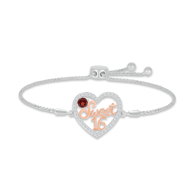 Main Image 1 of Garnet & White Lab-Created Sapphire &quot;Sweet 16&quot; Bolo Bracelet Sterling Silver & 10K Rose Gold 9.5&quot;
