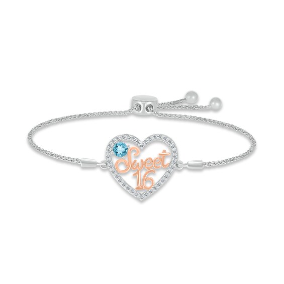 Swiss Blue Topaz & White Lab-Created Sapphire "Sweet 16" Bolo Bracelet Sterling Silver & 10K Rose Gold 9.5"