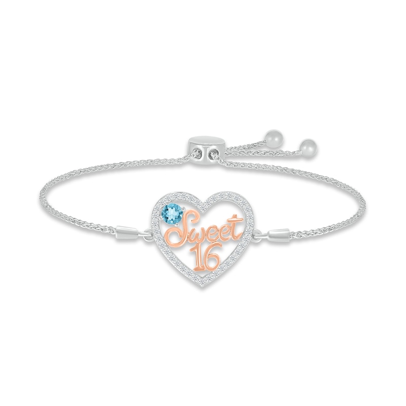 Main Image 1 of Swiss Blue Topaz & White Lab-Created Sapphire &quot;Sweet 16&quot; Bolo Bracelet Sterling Silver & 10K Rose Gold 9.5&quot;