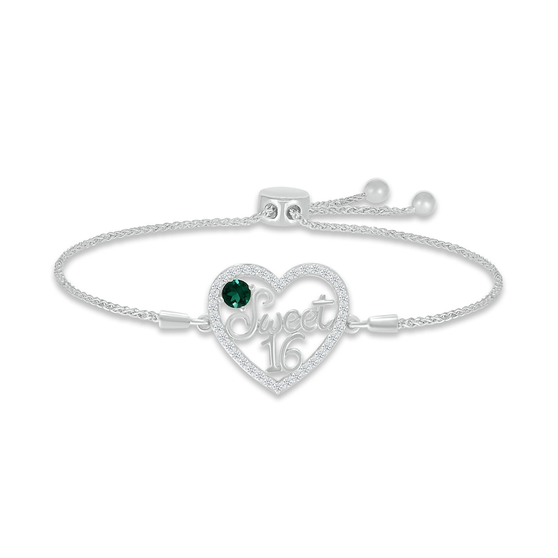 Main Image 1 of Lab-Created Emerald & White Lab-Created Sapphire "Sweet 16" Bolo Bracelet Sterling Silver 9.5"