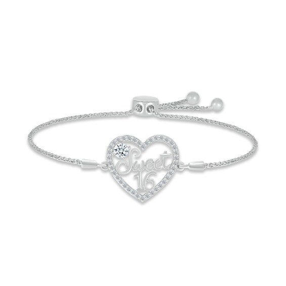 White Lab-Created Sapphire "Sweet 16" Bolo Bracelet Sterling Silver 9.5"