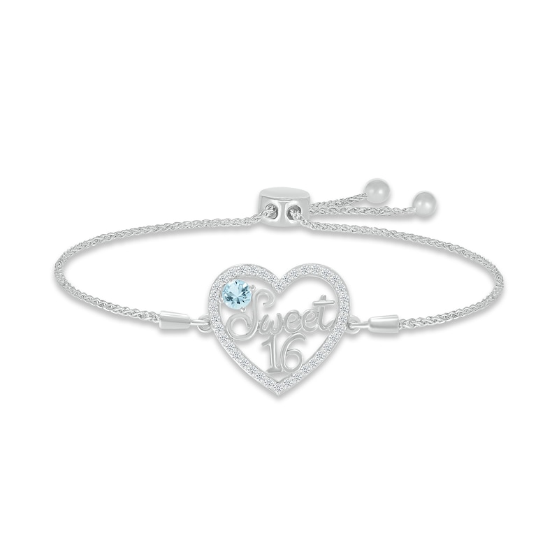 Main Image 1 of Aquamarine & White Lab-Created Sapphire &quot;Sweet 16&quot; Bolo Bracelet Sterling Silver 9.5&quot;