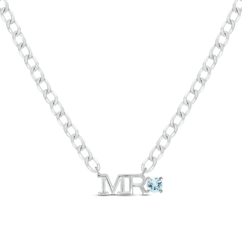 Main Image 1 of Men's Aquamarine "Mr." Cuban Chain Necklace Sterling Silver 20"