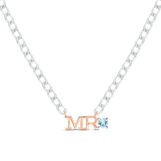 Men's Aquamarine "Mr." Cuban Chain Necklace Sterling Silver & 10K Rose Gold 20"