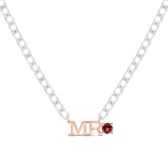 Men's Garnet "Mr." Cuban Chain Necklace Sterling Silver & 10K Rose Gold 20"