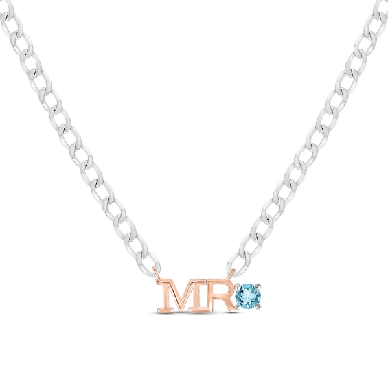 Men's Swiss Blue Topaz "Mr." Cuban Chain Necklace Sterling Silver & 10K Rose Gold 20