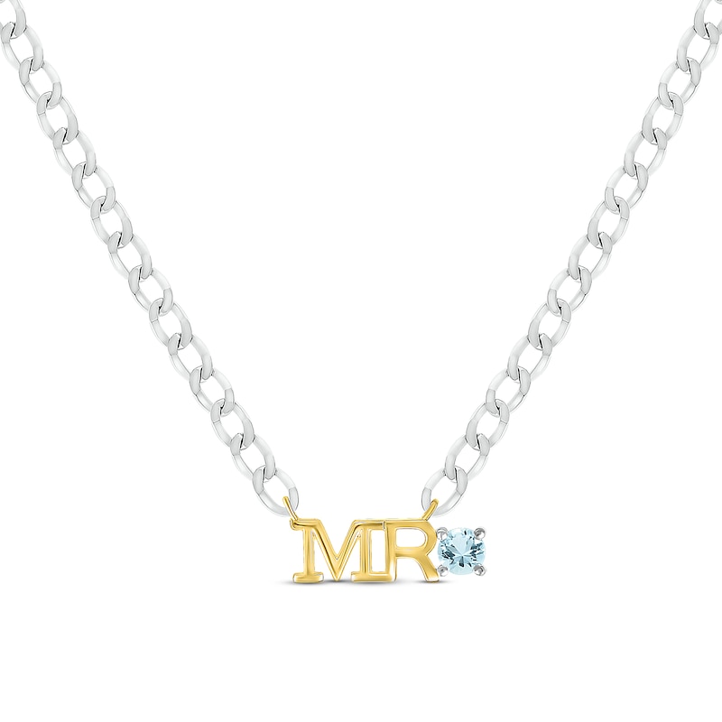 Main Image 1 of Men's Aquamarine &quot;Mr.&quot; Cuban Chain Necklace Sterling Silver & 10K Yellow Gold 20&quot;