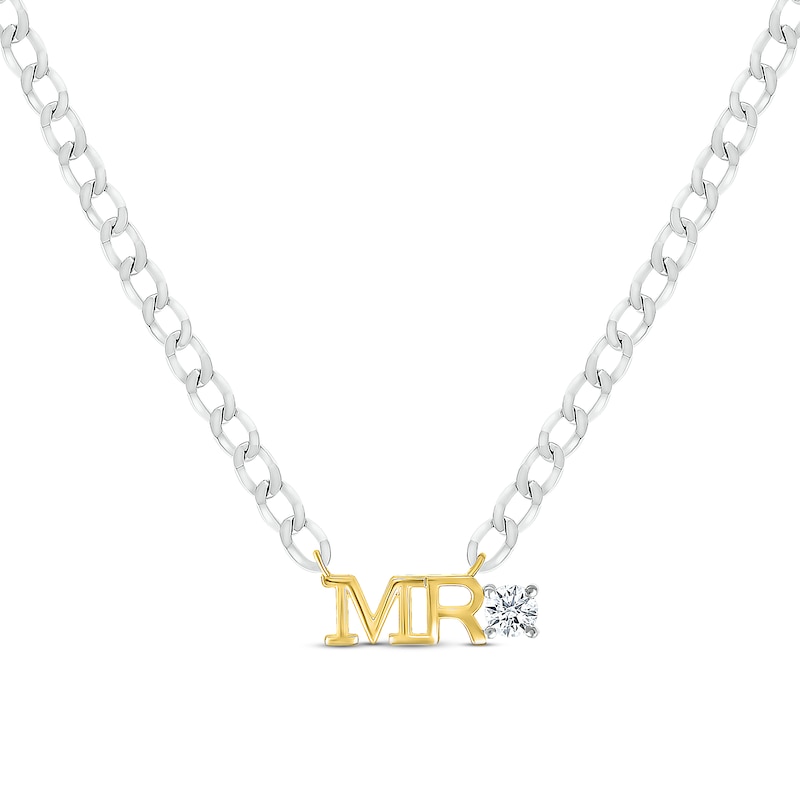 Main Image 1 of Men's White Lab-Created Sapphire &quot;Mr.&quot; Cuban Chain Necklace Sterling Silver & 10K Yellow Gold 20&quot;