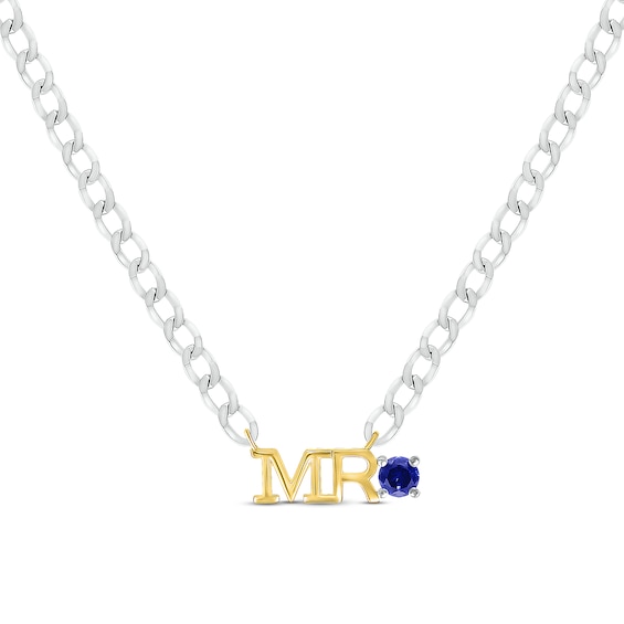 Men's Blue Lab-Created Sapphire "Mr." Cuban Chain Necklace Sterling Silver & 10K Yellow Gold 20"