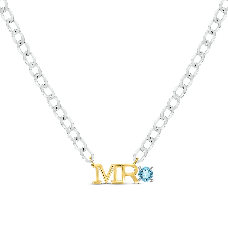 Men's Swiss Blue Topaz "Mr." Cuban Chain Necklace Sterling Silver & 10K Yellow Gold 20"